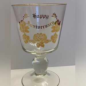 Happy Anniversary Wine Glass Gold Rim Ball Pedestal Stem Clear Glass 6.5”